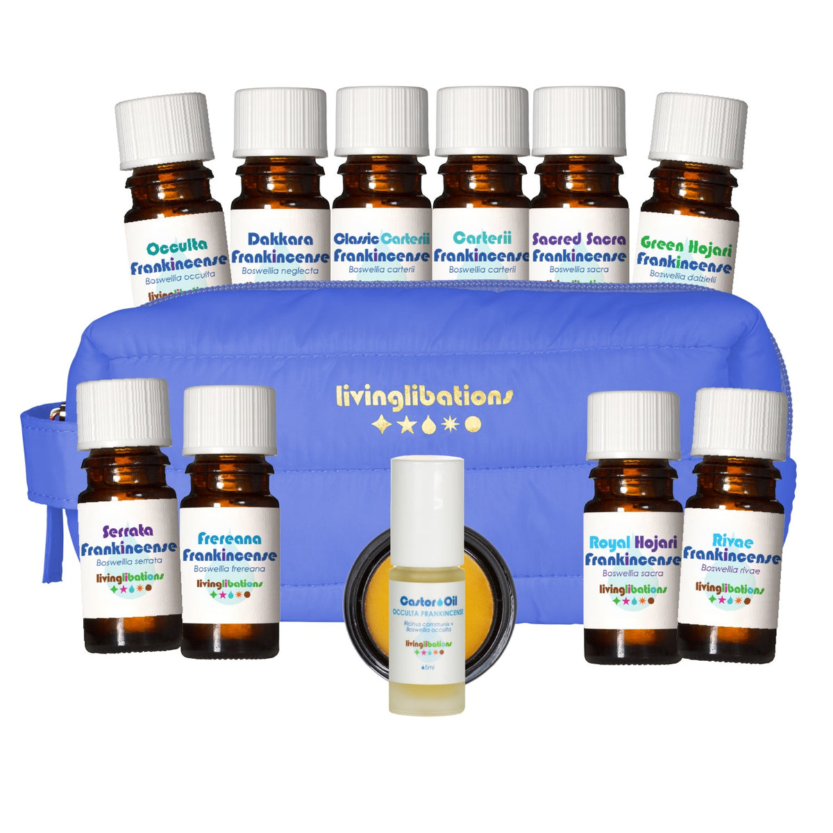 Living Libations Frankincense Legacy Collection Essential Oil Classic Carterii Ancient Olibanum Steam Distilled
CO2 Extract Occulta Sacred Sacra Royal Hojari green Serrata Frankincense Ayurvedic Frereana Rivae Dakkara Flower Honey Castor Oil Roll-On Divine Guide Mimosa Mauve Mini Dopp Puffer Bag