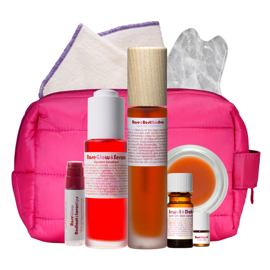 Living Libations Beloved Renegade Beauty Bundle Rose Best Skin Ever Jewel Dab Spot on Skin Serum Ozone Ozonated Beauty Balm Rose Glow Lover Lips Organic Hemp Face Cloth Peony Pink DOPP Puffer Bag Opulent Emollient Crystal Quartz Gua Sha Poetic Pits Tiny Traveller Realm
