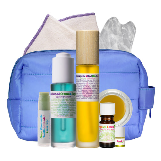 Living Libations Benevolent Renegade Beauty Bundle Immortelle Best Skin Ever Dawn On Dew Dab Spot on Skin Serum Ozonated Beauty Balm Chamomile Vanilla Lover Lips Organic Hemp Face Cloth Mimosa Mauve DOPP Puffer Bag Sandalwood Supreme Crystal Quartz Gua Sha
Neroli Poetic Pits Tiny Traveller Realm