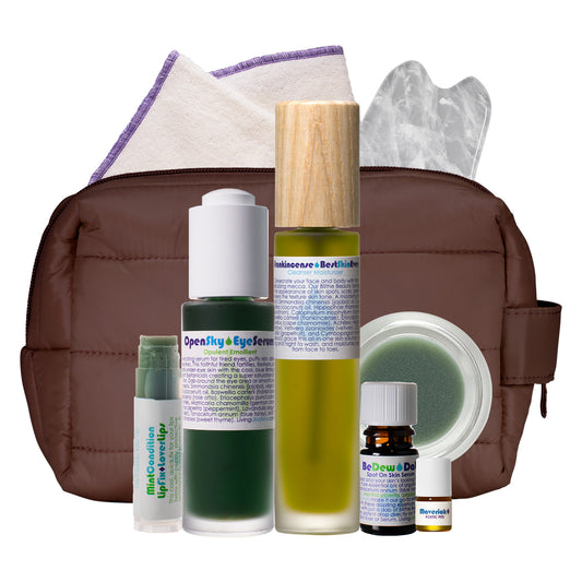 Living Libations Blithe Renegade Beauty Bundle Frankincense Best Skin Ever Bedew Dab Spot on Skin Serum Ozonated Ozone Balm Mint Condition Lip Fix Lover Lips Organic Hemp Face Cloth Coffee Bean DOPP Puffer Bag Open Sky Eye Serum Crystal Quartz Gua Sha Maverick Poetic Pits Tiny Traveller Realms