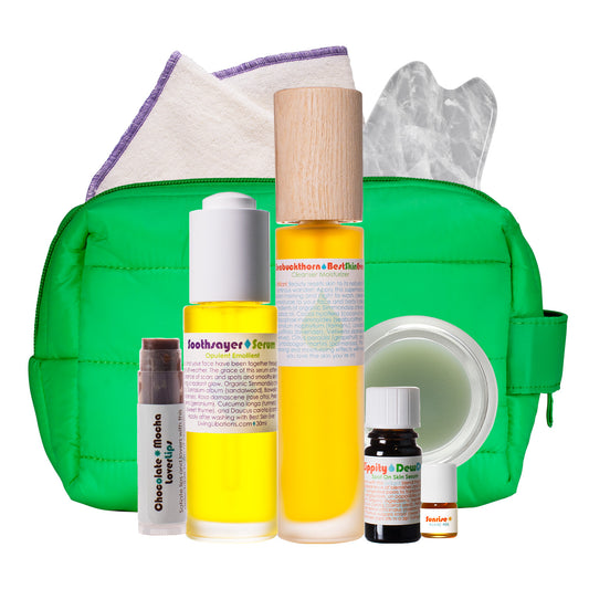 Living Libations Brilliant Renegade Beauty Bundle Seabuckthorn Best Skin Ever Zippity Dewdab Spot on Skin Serum Ozone Ozonated Beauty Balm Chocolate Mocha Lover Lips Organic Hemp Face Cloth Grass Green DOPP Puffer Bag Soothsayer Opulent Emollient Crystal Quartz Gua Sha Sunrise Poetic Pits Tint Traveller Realm