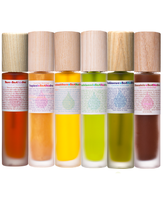 Best Skin Ever Rose Tropical Vanilla Chocolate Sandalwood Frankincense Seabuckthorn Shimmer Cleanser Moisturizer Neroli