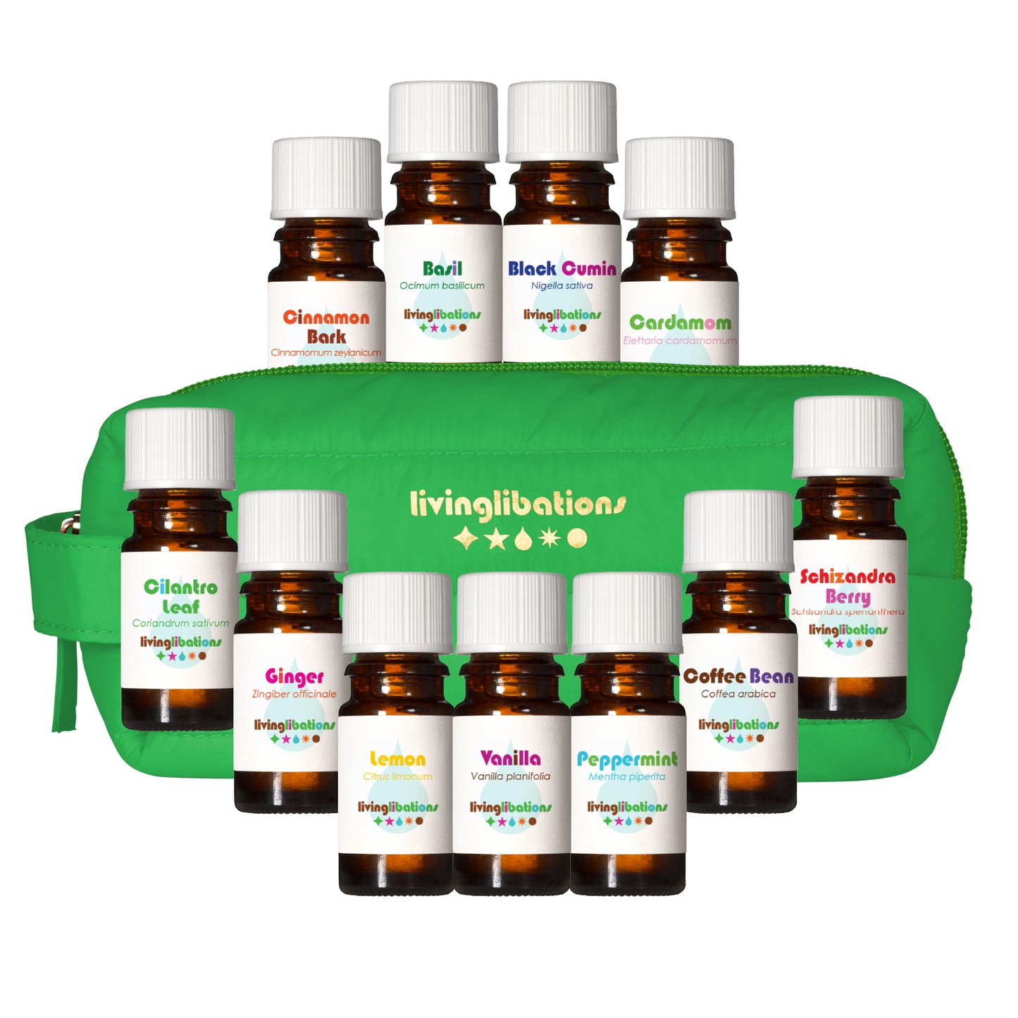 Living Libations Culinary Alchemy Kit Vanilla Essential Oil
Coffee Bean Peppermint Cinnamon Bark Black Cumin
Ginger Cilantro Leaf Lemon Schizandra Berry Basil Cardamom