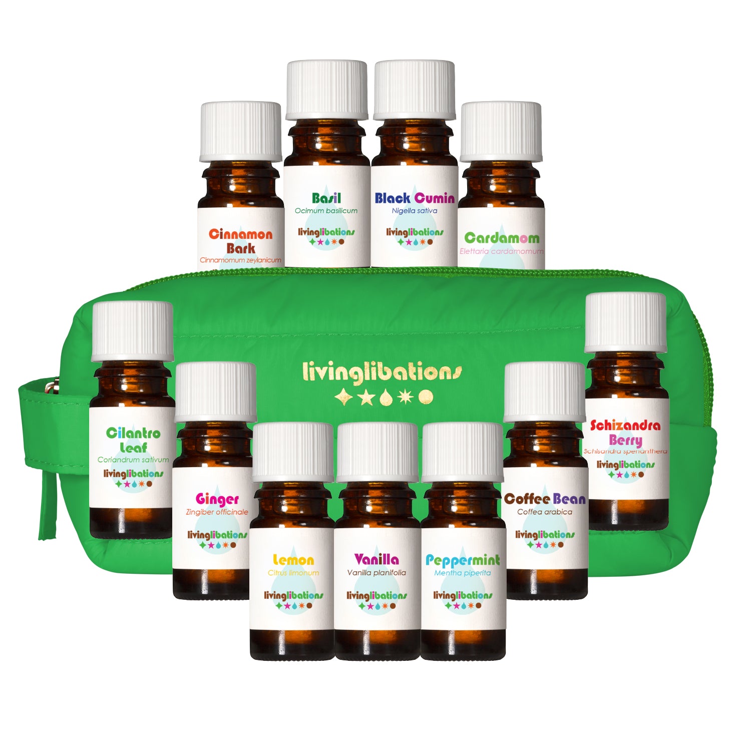 Living Libations Culinary Alchemy Kit Vanilla Essential Oil
Coffee Bean Peppermint Cinnamon Bark Black Cumin
Ginger Cilantro Leaf Lemon Schizandra Berry Basil Cardamom