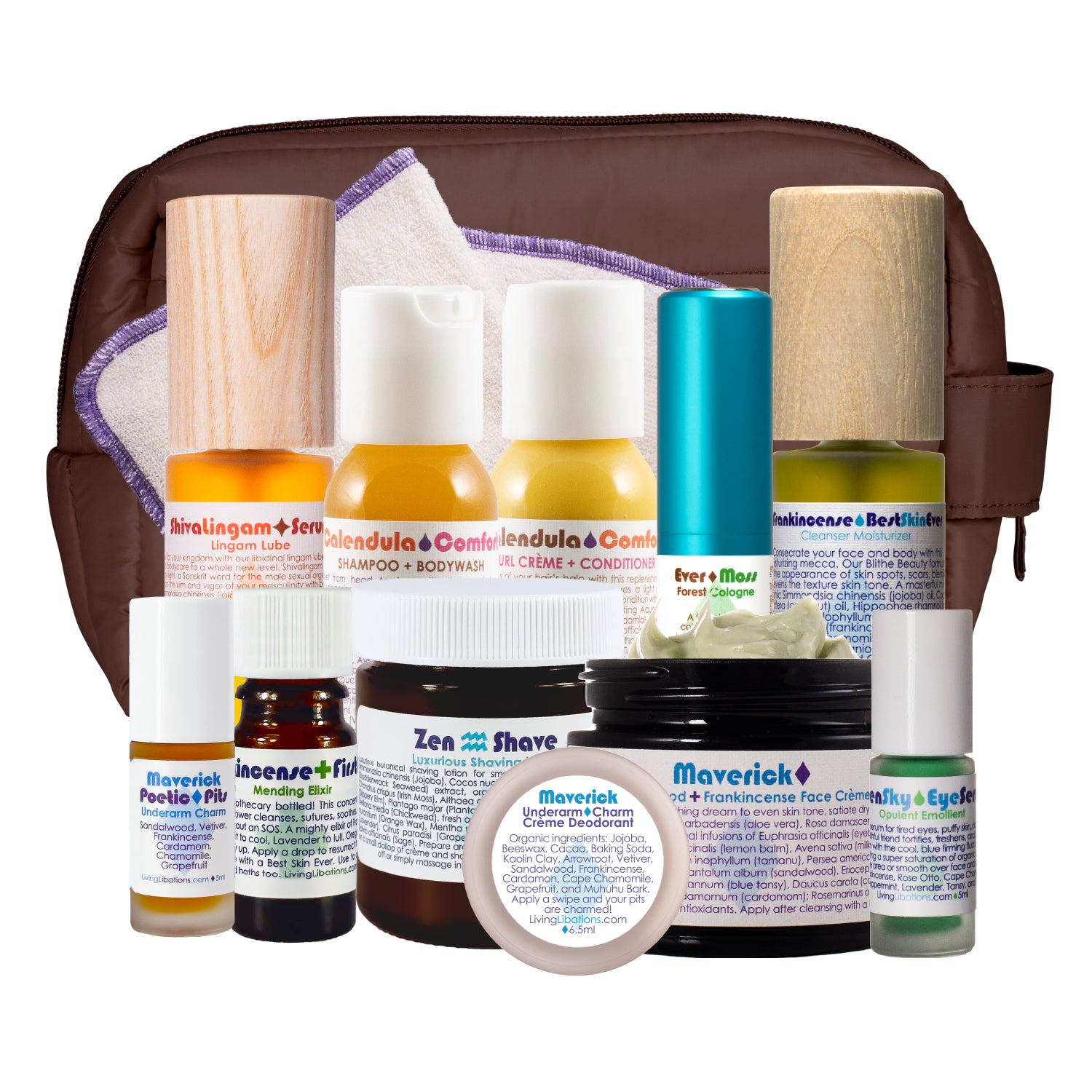 MAVERICK MAN SHAVE + SKINCARE KIT Calendula Comfort Conditioner Shampoo
•	Organic Hemp Face Cloth Open Sky Eye Serum Frankincense Best Skin Ever 
•	Creme First Aid Mending Elixir Zen Poetic Pits Underarm Charm Deodorant Ever Moss Forest Cologne ShivaLingam Lingam Lube Art of Shaving Skincare

