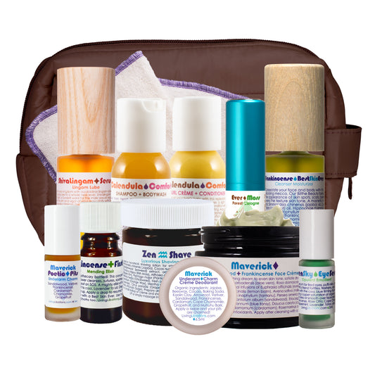 MAVERICK MAN SHAVE + SKINCARE KIT Calendula Comfort Conditioner Shampoo
•	Organic Hemp Face Cloth Open Sky Eye Serum Frankincense Best Skin Ever 
•	Creme First Aid Mending Elixir Zen Poetic Pits Underarm Charm Deodorant Ever Moss Forest Cologne ShivaLingam Lingam Lube Art of Shaving Skincare
