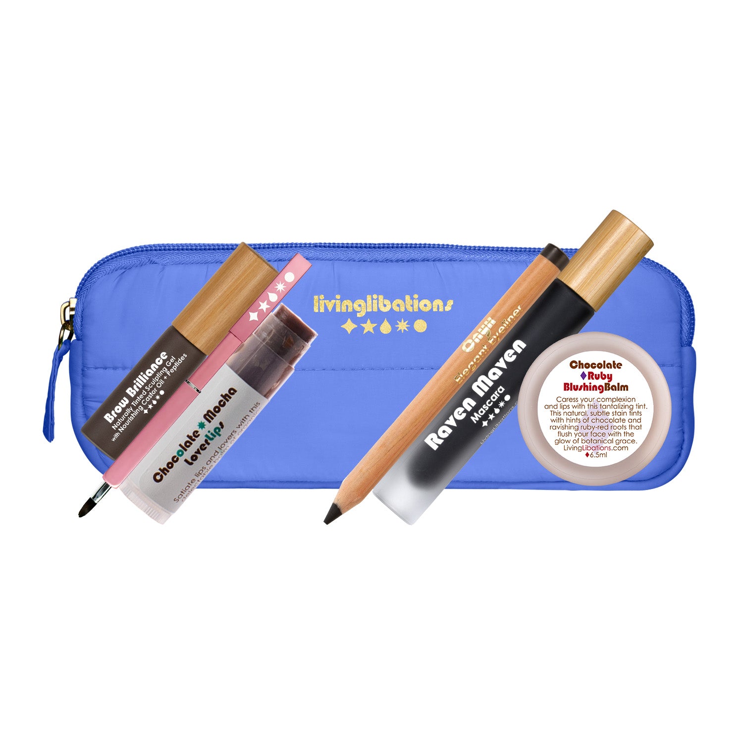 Living Libations Natural Makeup Beauty Kit Raven Maven Mascara Elegant Eye Liner Onyx Brow Brilliance Gel Peptides Chocolate Ruby Blushing Balm Lip Brush Applicator Mocha Lover Lips