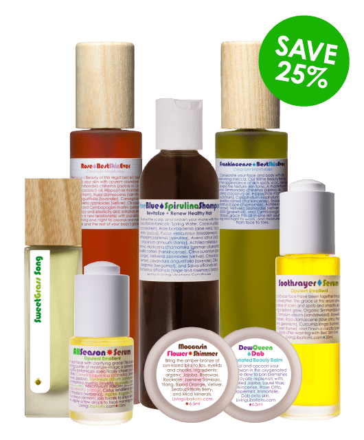 Collection of  Living Libations skincare and hair care products
