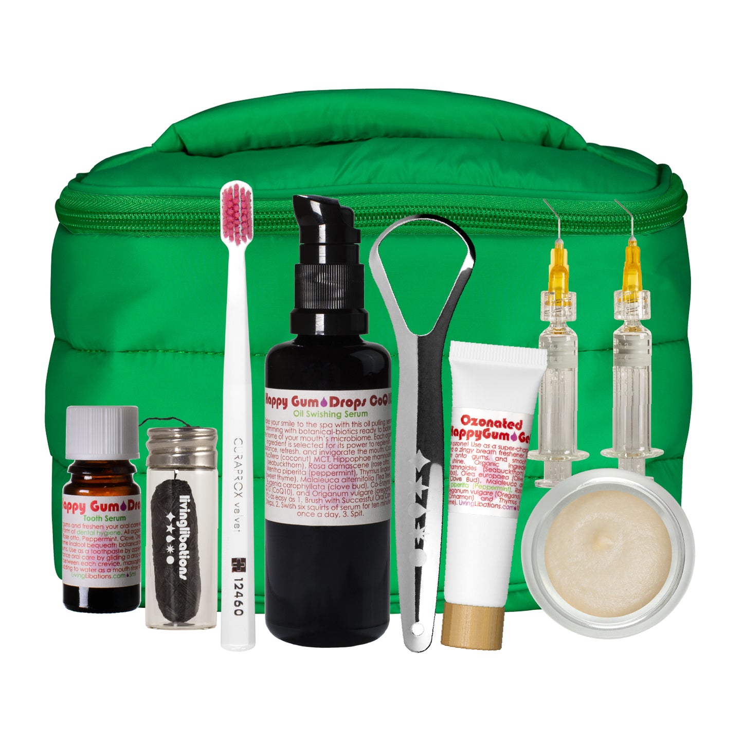 Living Libations The Successful Self-Dentistry Oral Care Kit Train Case Puffer Bag,
Curaprox Velvet Toothbrush Ozonated Happy Gum Gel Drops Swishing Serum
Tongue Scraper Wintergreen Clean Charcoal Floss Gingival-Sulcus Syringe
Cleansing Clay Toothpaste Tooth Serum Booklet
