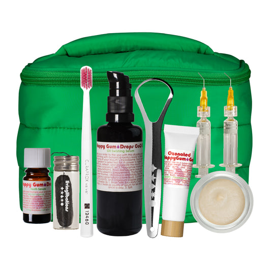 Living Libations The Successful Self-Dentistry Oral Care Kit Train Case Puffer Bag,
Curaprox Velvet Toothbrush Ozonated Happy Gum Gel Drops Swishing Serum
Tongue Scraper Wintergreen Clean Charcoal Floss Gingival-Sulcus Syringe
Cleansing Clay Toothpaste Tooth Serum Booklet
